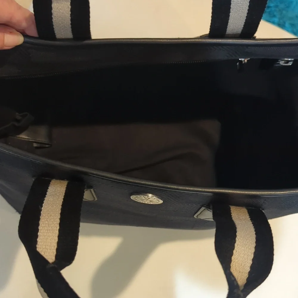 Black Bally canvas tote with black and white canvas handles